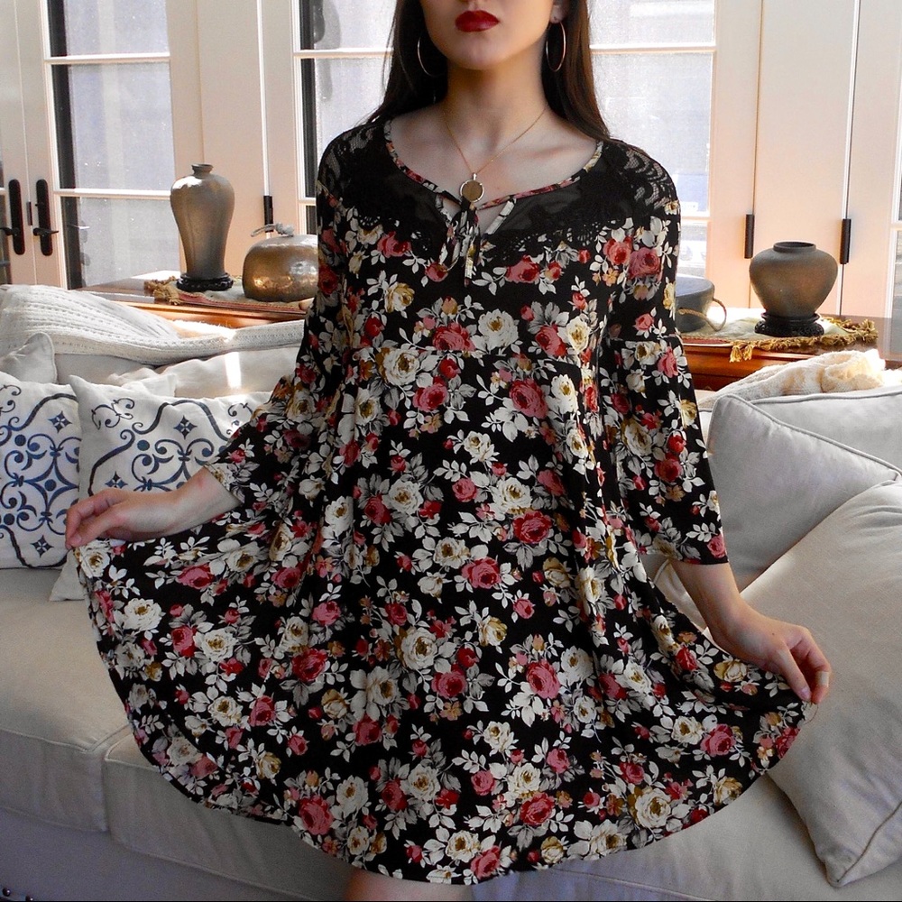 🖤 Lace Tan, Pink Black Flowy Floral Dress 🌺